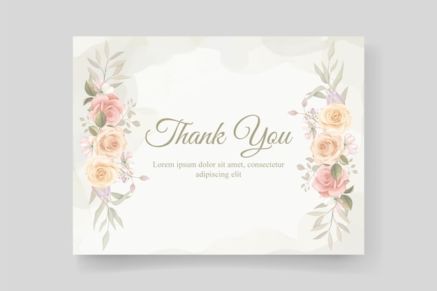Diseño de tarjeta de agradecimiento con flores de color suave.
