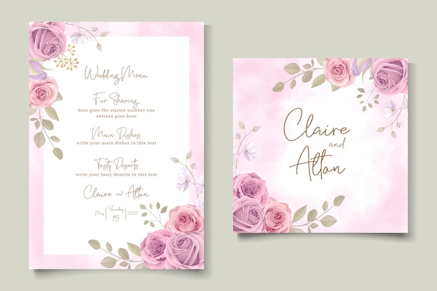 Vector diseño de tarjeta de boda elegante con adornos de rosas rosadas