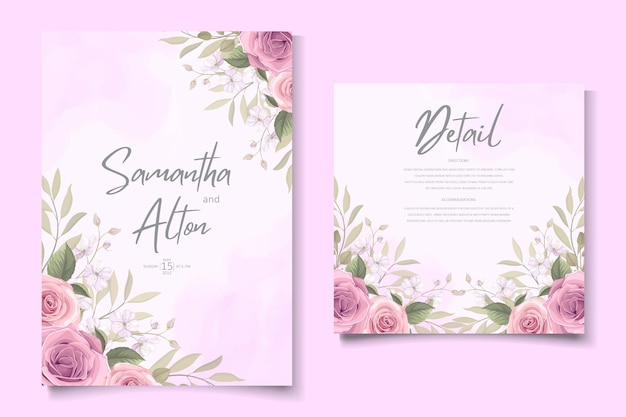 Diseño de tarjeta de boda elegante con adornos de rosas rosadas