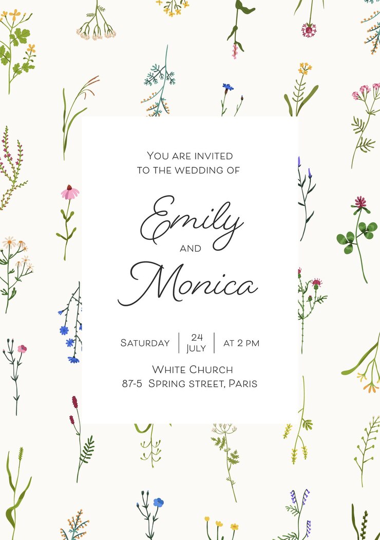 Vector diseño de tarjeta de boda con marco de flores silvestres y fondo para texto. plantilla de invitación floral con patrón botánico, invitando a la ceremonia de compromiso y matrimonio. ilustración de vector plano coloreado