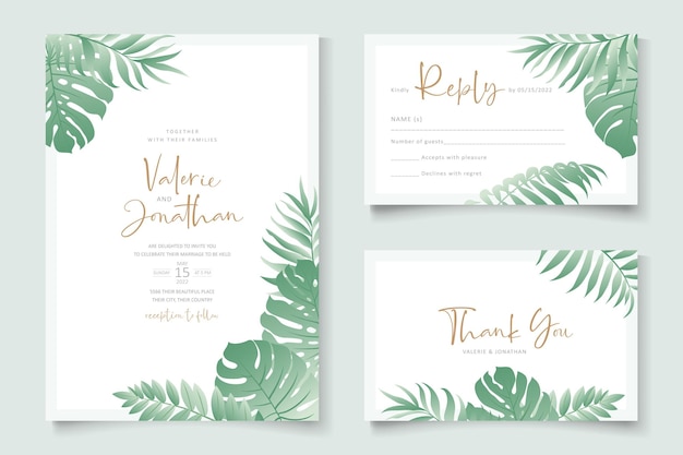 Vector diseño de tarjeta de boda de verano con adorno de hojas tropicales.