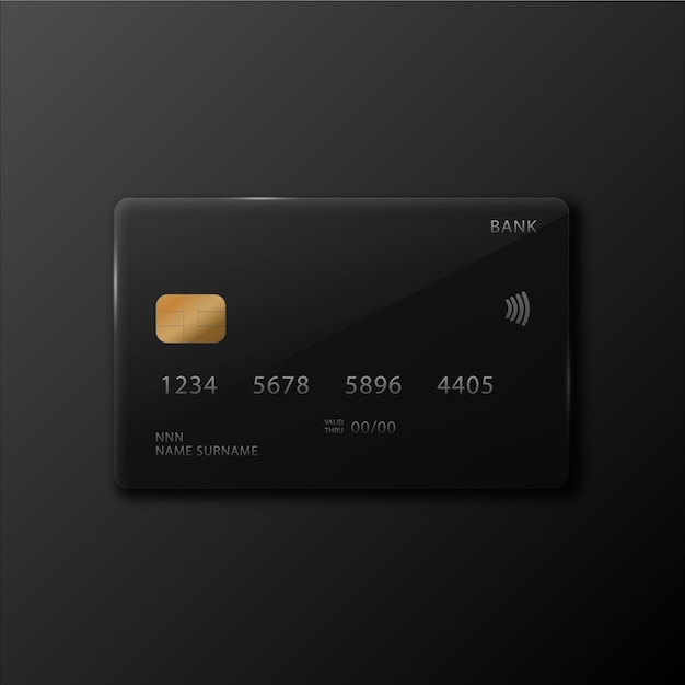 Vector diseño de tarjeta de crédito sobre un fondo negro tarjeta bancaria realista estilo glassmorphism