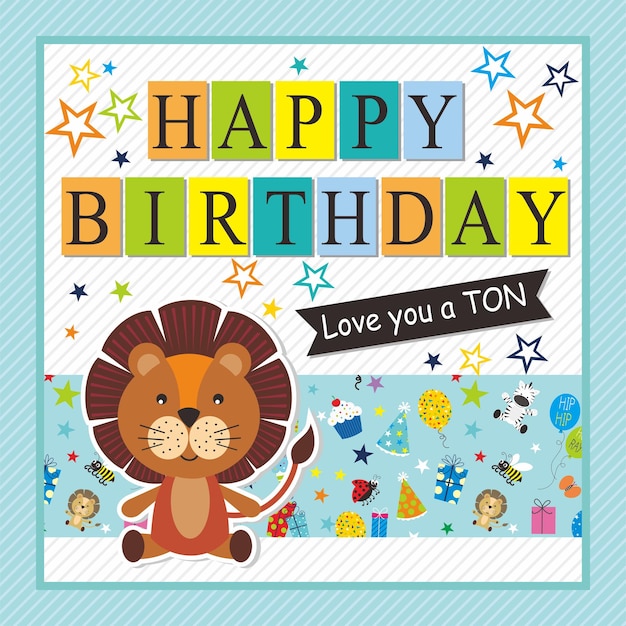 Diseño de tarjeta de cumpleaños con letras de león y estrellas