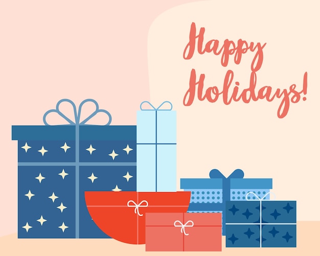Diseño de tarjeta de felices fiestas. Ilustración de vector con caja de regalo. Regalos de plantilla de celebración