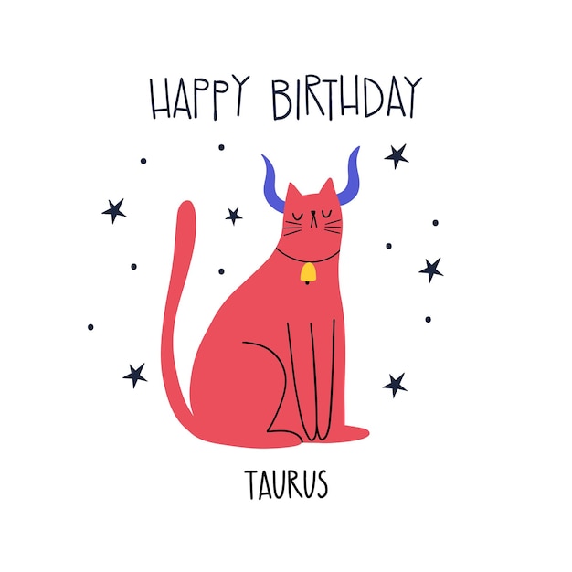 Vector diseño de tarjeta de felicitación de cumpleaños con lindo gato del zodiaco de dibujos animados tauro y letras feliz cumpleaños