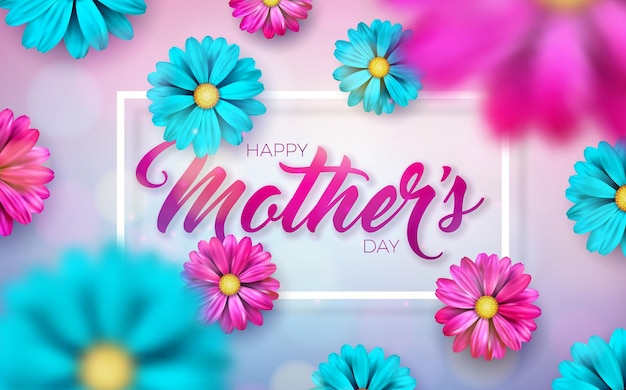 Diseño de tarjeta de felicitación del día de la madre feliz con flor de primavera y letra de tipografía sobre fondo claro
