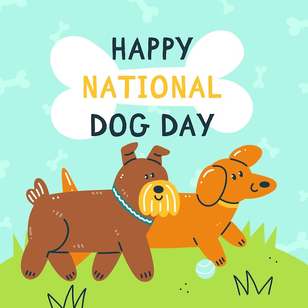 Vector diseño de tarjeta de felicitación del día nacional del perro feliz perros lindos caminando en el parque en estilo de dibujos animados