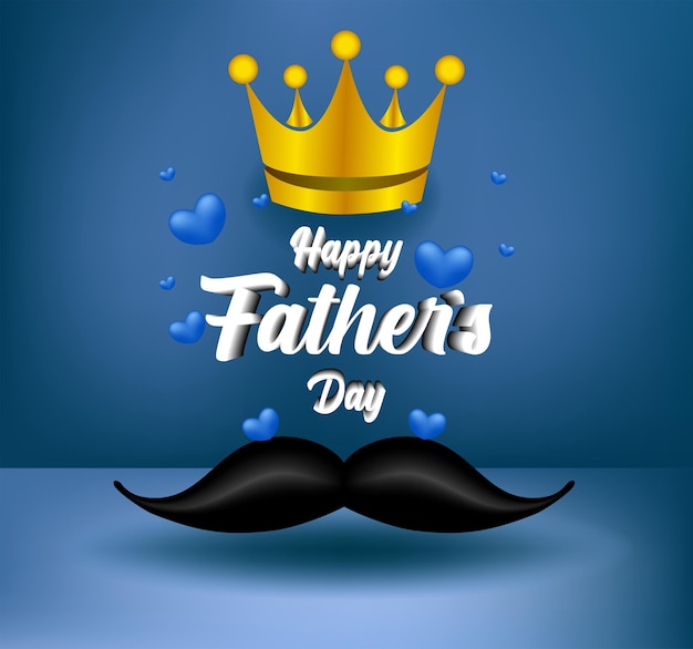 Diseño de tarjeta de felicitación del día del padre feliz con bigote de corona dorada y corazón azul Celebración ilu