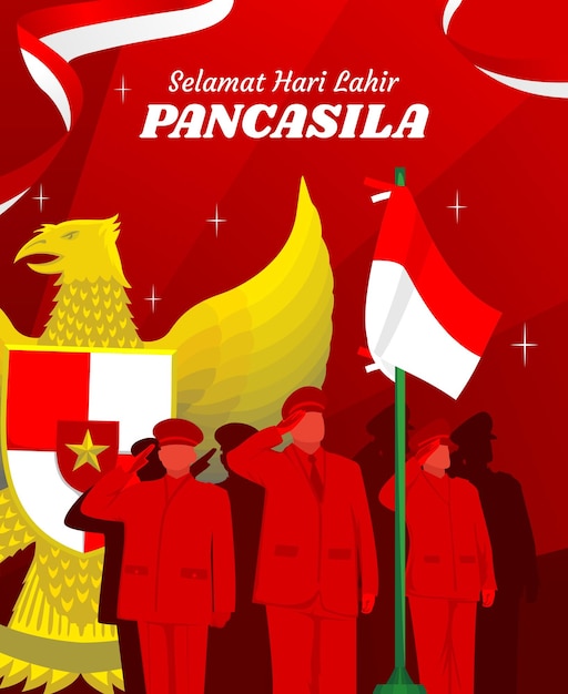 Diseño de tarjeta de felicitación del día de pancasila con vector de silueta respetando pancasila