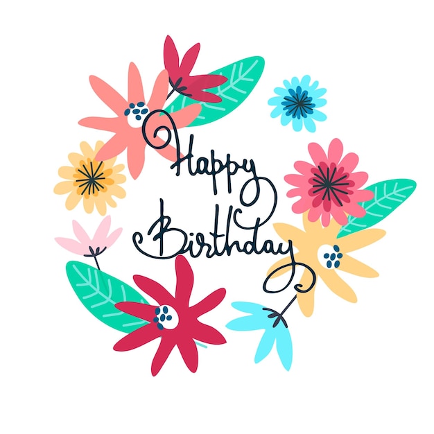 Diseño de tarjeta de felicitación de feliz cumpleaños con decoración floral y frase de saludo escrita a mano aislada sobre fondo blanco