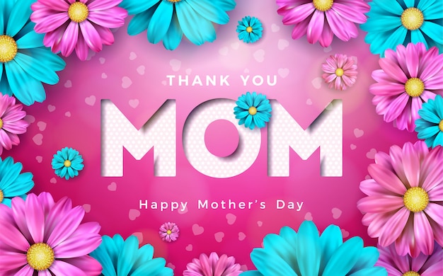 Diseño de tarjeta de felicitación feliz día de la madre con flor y elementos tipográficos sobre fondo rosa