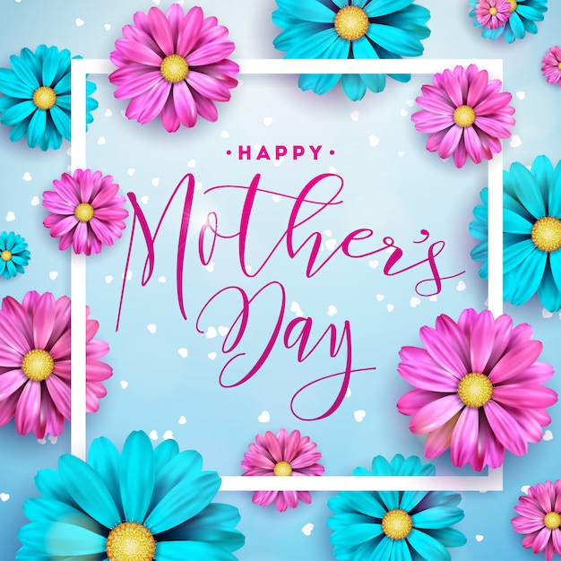 Diseño de tarjeta de felicitación feliz día de la madre con flores y elementos tipográficos sobre fondo azul