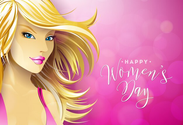 Diseño de tarjeta de felicitación feliz del día de las mujeres con Sexy Blondie Young Woman.