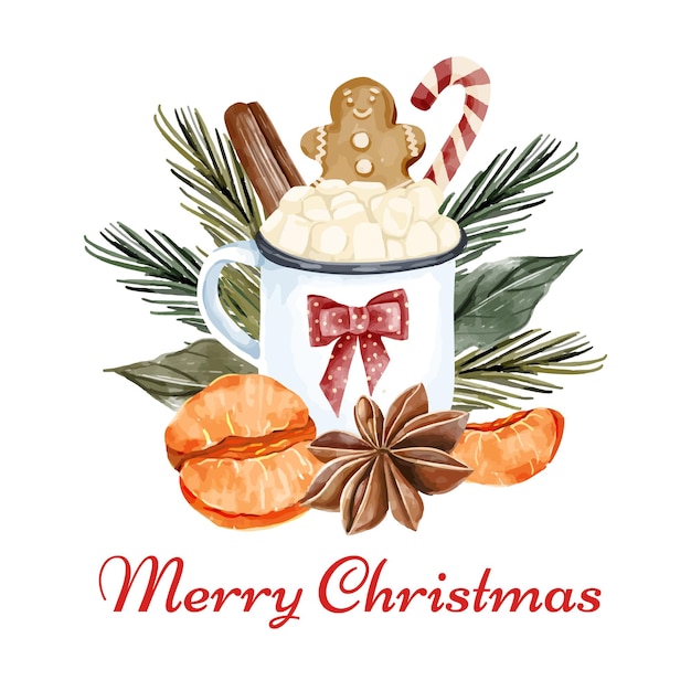 Diseño de tarjeta de felicitación de feliz Navidad con ilustración de acuarela