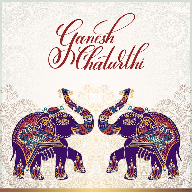 Diseño de tarjeta de felicitación Ganesh Chaturthi con dos elefantes