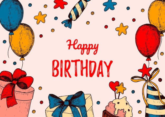 Diseño de tarjeta de felicitación horizontal de cumpleaños con elementos dibujados a mano