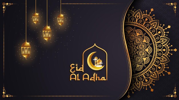 Vector diseño de tarjeta de felicitación islámica con mandala dorado y farolillos colgantes fondo eid mubarak