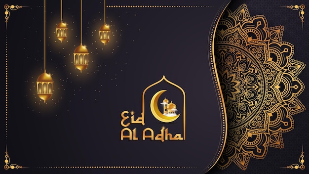 Diseño de tarjeta de felicitación islámica con mandala dorado y farolillos colgantes fondo eid mubarak
