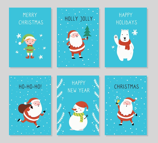 Diseño de tarjeta de felicitación de navidad con dibujos animados de santa claus, muñeco de nieve, oso, personaje de elfo, elementos de diseño hechos a mano, texto de feliz navidad.