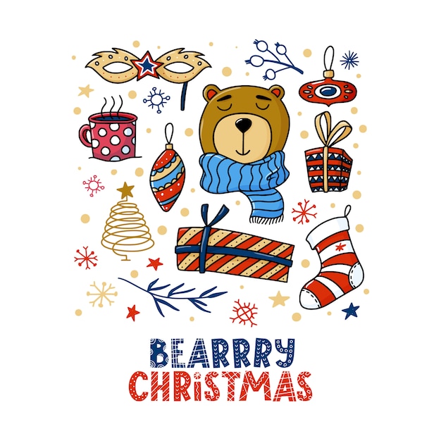 Diseño de tarjeta de felicitación navideña cuadrada con oso y divertido texto navideño de Bearrry