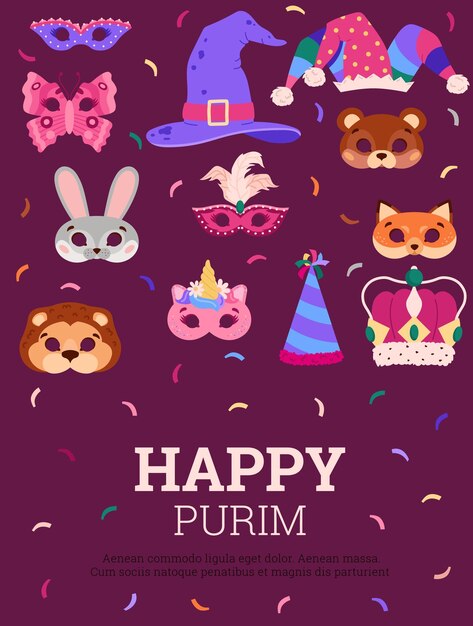 Diseño de tarjeta de felicitación navideña de purim con máscaras de carnaval ilustración vectorial plana