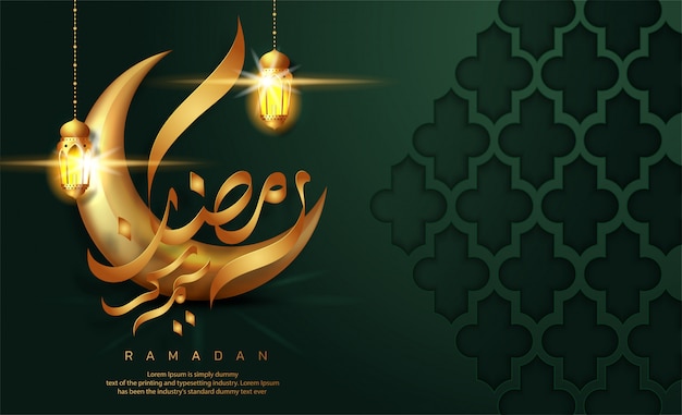 Diseño de tarjeta de felicitación de ramadan kareem. luna creciente dorada con caligrafía árabe traducción del texto 'ramadan kareem' y colgando linternas de ramadán. celebración islámica