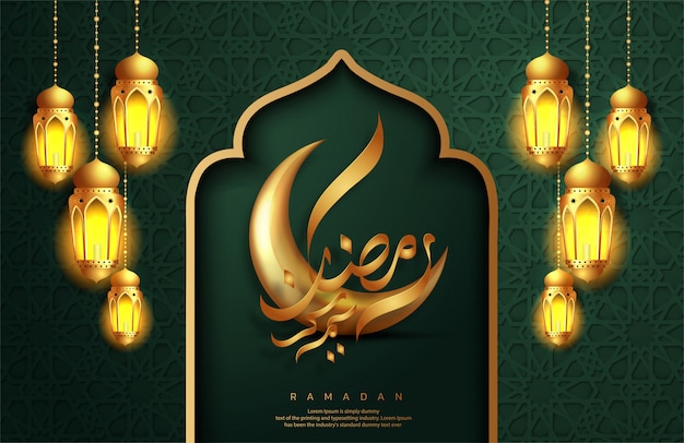 Diseño de tarjeta de felicitación de Ramadan Kareem. Luna creciente dorada con caligrafía árabe Traducción del texto 'Ramadan Kareem' y colgando linternas de Ramadán. Celebración islámica