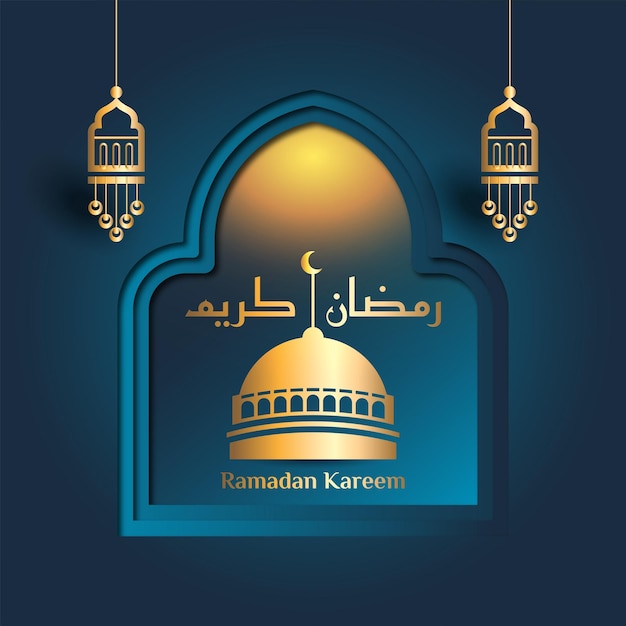 Diseño de tarjeta de felicitación de ramadán kareem con media luna, mezquita de letras árabes y linterna realista