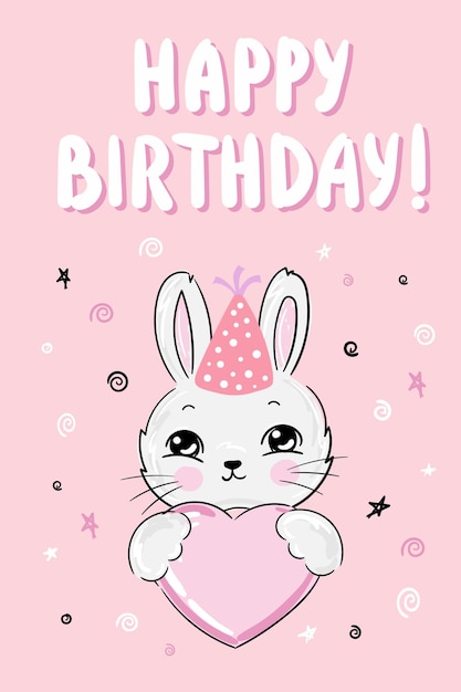 Diseño de tarjeta de feliz cumpleaños con lindo conejito con corazones Elementos de fiesta y celebración Texto Feliz cumpleaños Ilustración vectorial en diseño plano