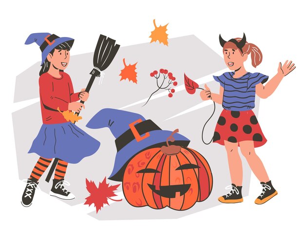 Vector diseño de tarjeta de halloween con personajes de niñas lindas ilustración vectorial plana aislada en fondo blanco tarjeta de halloween o invitación de fiesta para niños