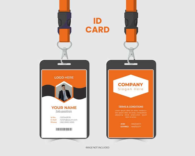 Diseño de tarjeta de identificación con elementos naranja y blanco