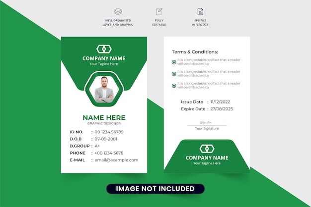 Diseño de tarjeta de identificación de empresa creativa para empleados Vector de plantilla de tarjeta de identificación con formas de color verde Diseño de tarjeta de identidad listo para imprimir para estudiantes escolares o empleados de negocios