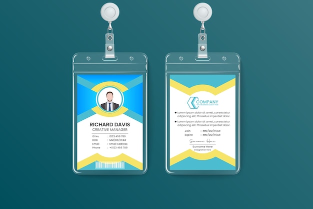 Diseño de tarjeta de identificación moderno y creativo con detalles azules