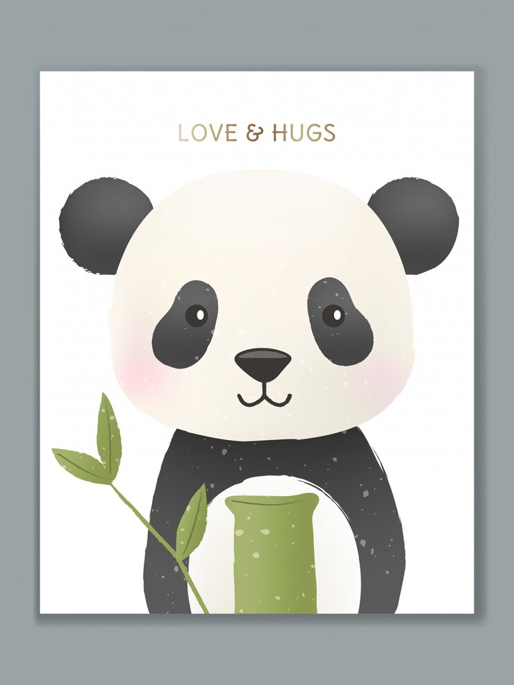 Diseño de tarjeta de ilustración de animales de dibujos animados de lujo para celebración de cumpleaños, bienvenida, invitación a evento o saludo. Panda con regalo de bambú.
