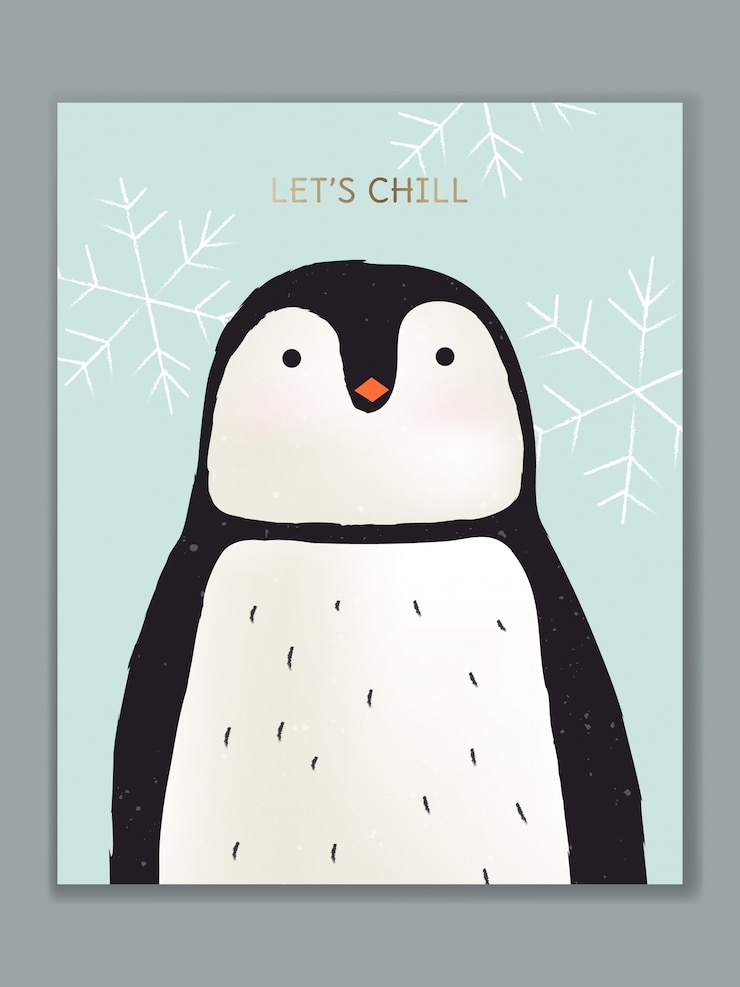 Diseño de tarjeta de ilustración de animales de dibujos animados de lujo para celebración de cumpleaños, bienvenida, invitación a evento o saludo. Pingüino.