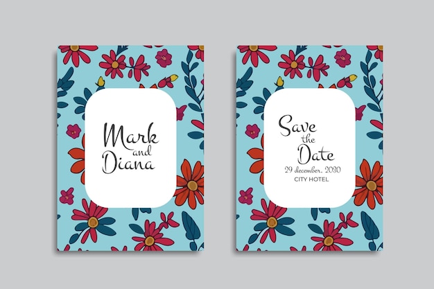 Diseño de tarjeta de invitación de boda floral vectorial y plantilla de guardar la fecha