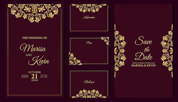 Diseño de tarjeta de invitación de boda de lujo con mandala dorado