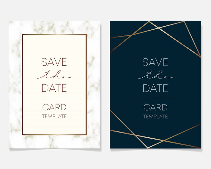 Diseño de tarjeta de invitación de boda con marcos dorados y textura de mármol.