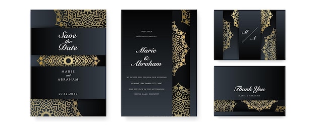 Diseño de tarjeta de invitación de boda en oro blanco y negro real con mandala dorado y patrón abstracto