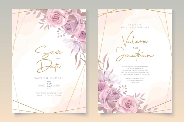 Diseño de tarjeta de invitación de boda de rosas rosadas suaves