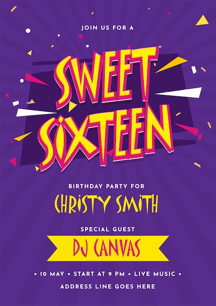 Diseño de tarjeta de invitación para celebración de fiesta de sweet 16