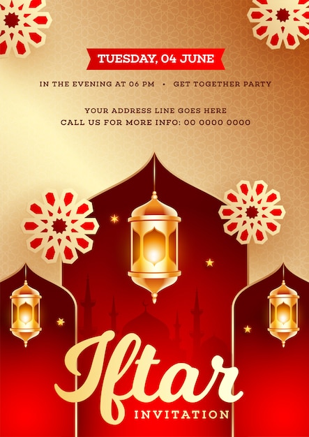 Diseño de tarjeta de invitación de fiesta de iftar con oro iluminado lante
