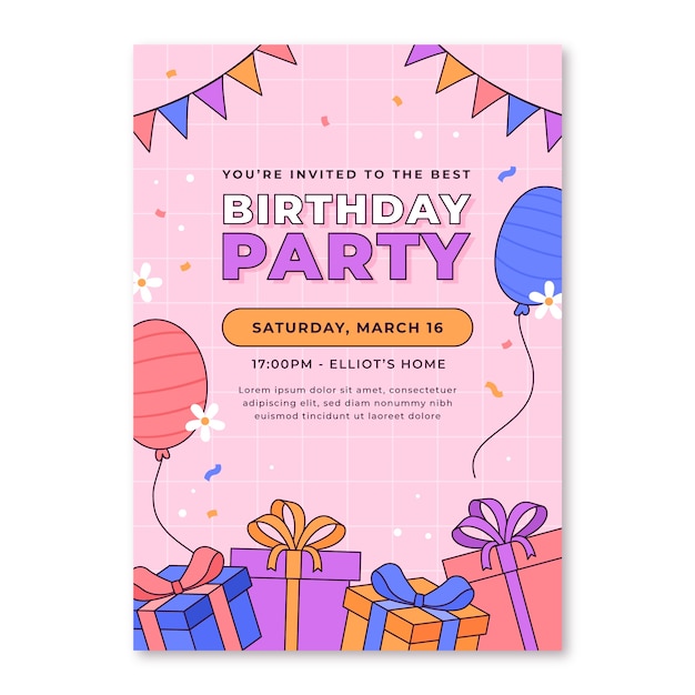 Diseño de tarjeta de invitación de fiesta infantil dibujada a mano.