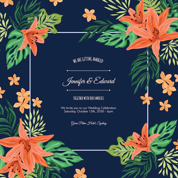 Diseño de tarjeta de invitación floral tropical