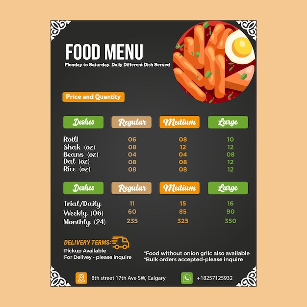 Diseño de tarjeta de menú de comida