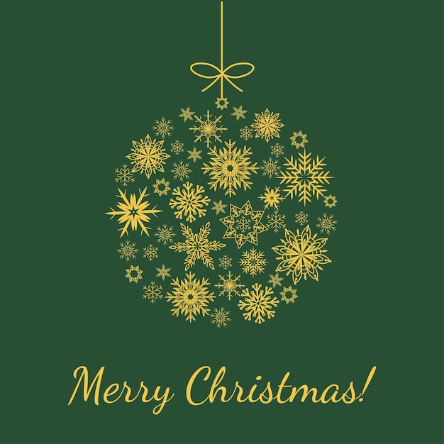 Diseño de tarjeta de Navidad, adorno de bola dorada con copos de nieve sobre fondo verde, vector de vacaciones de invierno