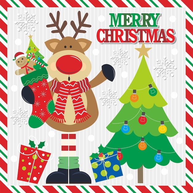 Diseño de tarjeta de Navidad con medias de árbol de reno y hombre de pan de jengibre