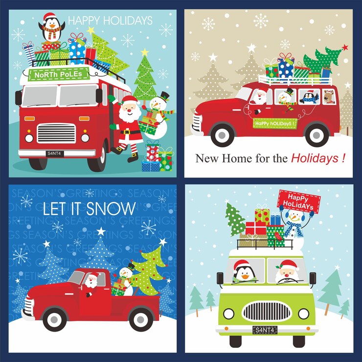 Vector diseño de tarjeta de navidad con el muñeco de nieve de papá noel y el pingüino en el coche