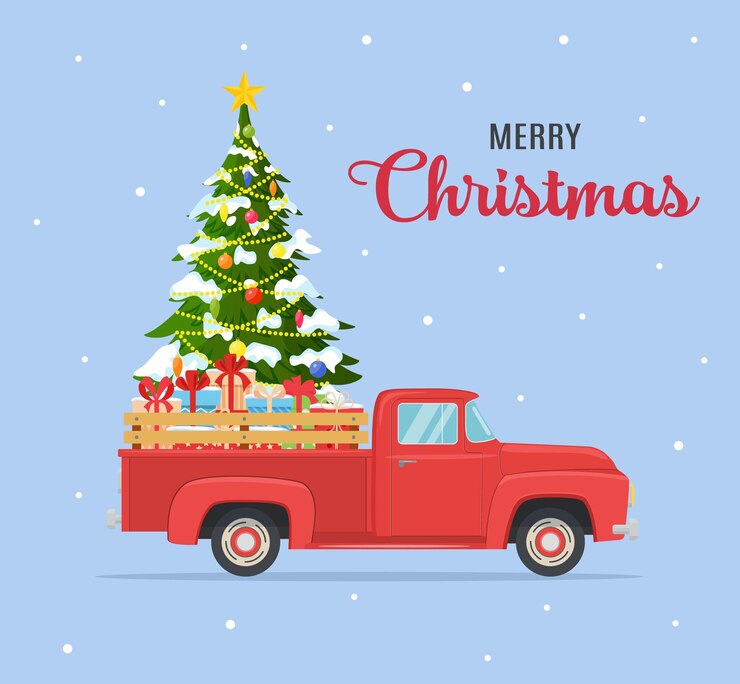 Vector diseño de tarjeta de navidad o cartel con camioneta roja retro con árbol de navidad y cajas de regalos a bordo plantilla para invitación de fiesta o evento de año nuevo o volante ilustración vectorial en estilo plano