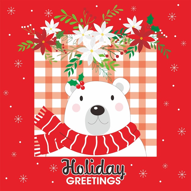 Diseño de tarjeta de Navidad con oso polar y coronas de flores